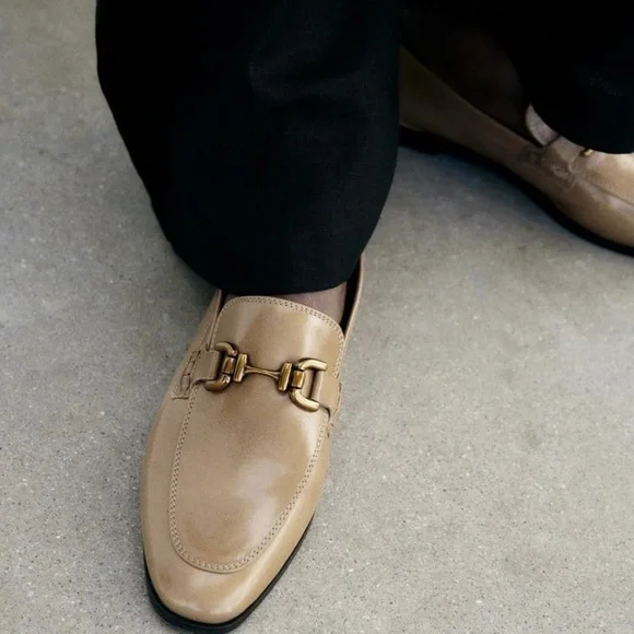 ZARA CHAIN TRIM LEATHER LOAFERS LIGHT BEIGE SZ US 10 - Picture 2 of 7